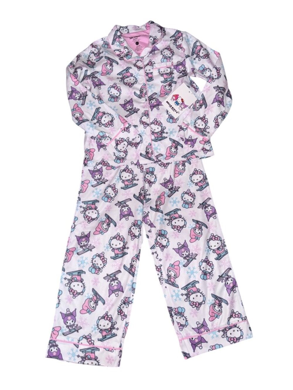 Hello Kitty & Friends Girls Winter Pajama Set Pink & Purple Button-Up Top & Pant